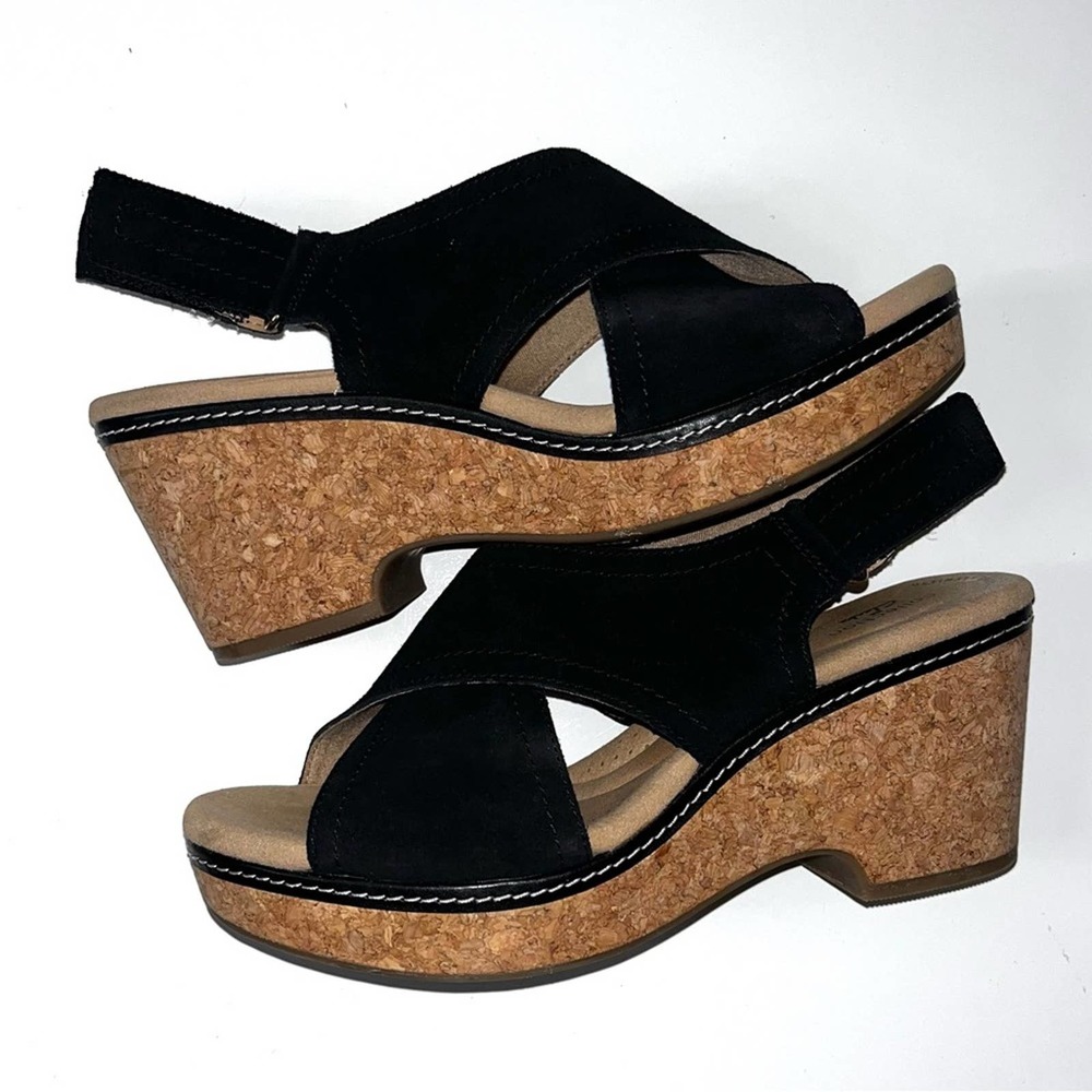 Clarks Black Suede Wedge Sandals Size 9 - Picture 8 of 12